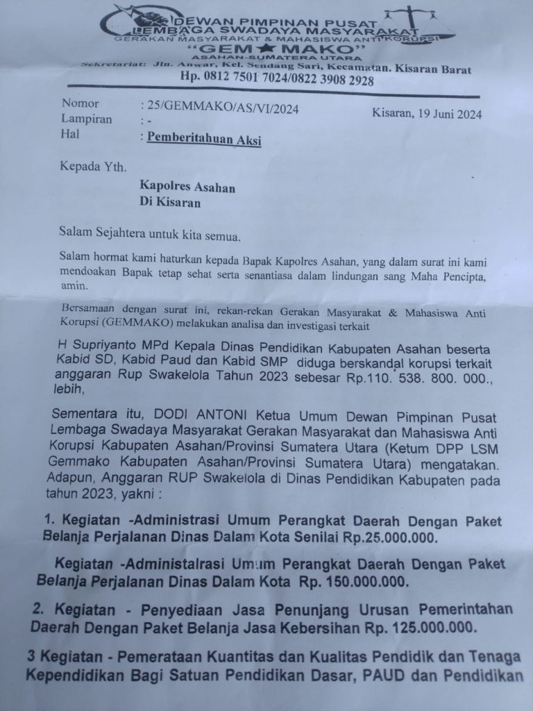 Kepala Dinas Pendidikan Asahan Dituding Korupsi Rp.110,5 Milyar