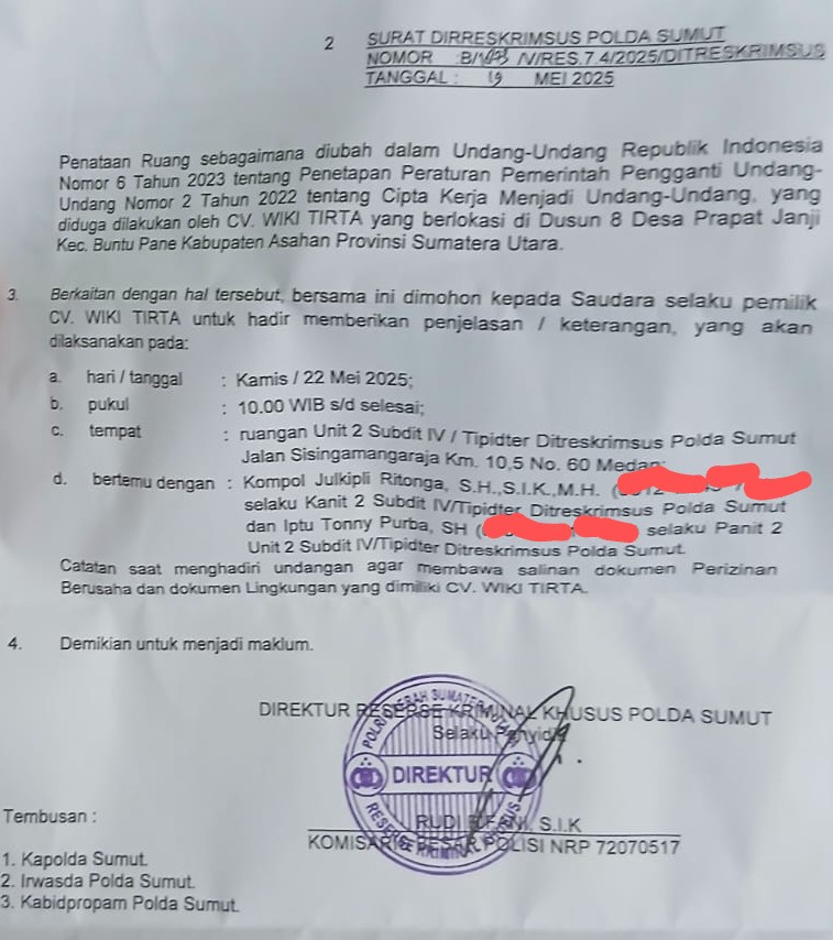 Polda Sumut Memanggil Jukim, Lakukan Penyelidikan Dugaan Pelanggaran Pemanfaatan Sumber Daya Air dan Tata Ruang