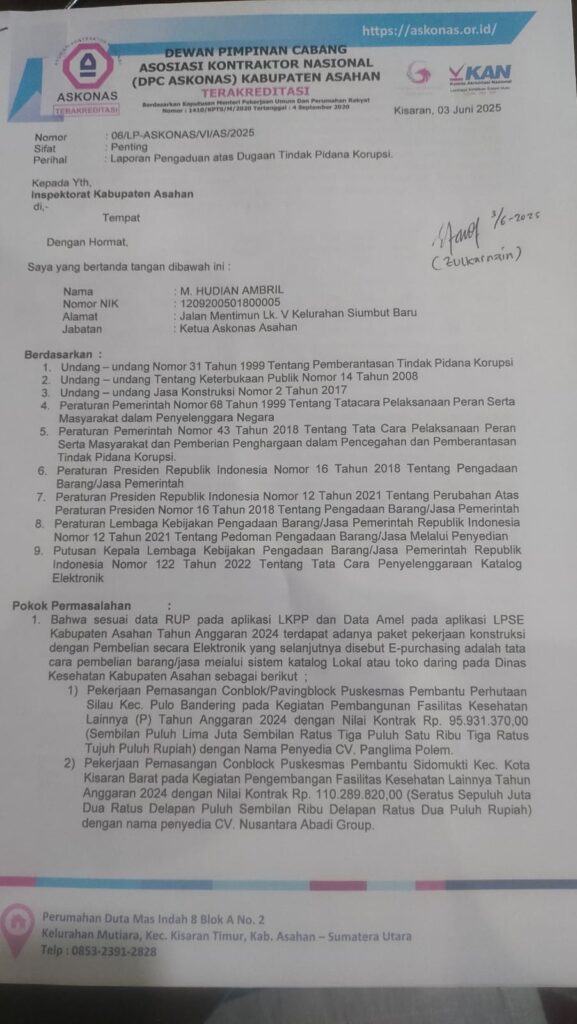 DPC ASKONAS Laporkan Dugaan Korupsi Kadis Kesehatan Kabupaten Asahan dr.Hari Sapna, MKM dalam Pengadaan Fasilitas