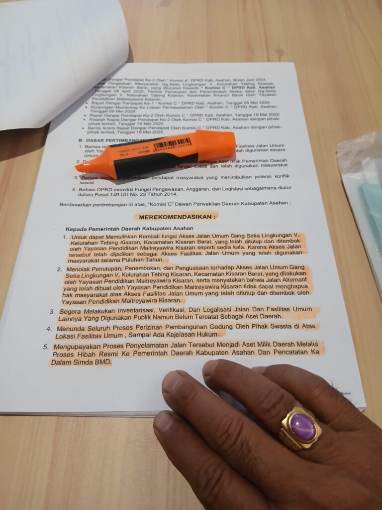 DPRD Kabupaten Asahan Desak Pemda Pulihkan Akses Jalan Umum yang Ditutup Yayasan Maitreyawira