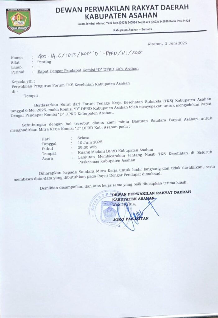 Forum TKS Asahan Kecewa Kadis Kesehatan CS Empat Kali Mangkir RDP DPRD