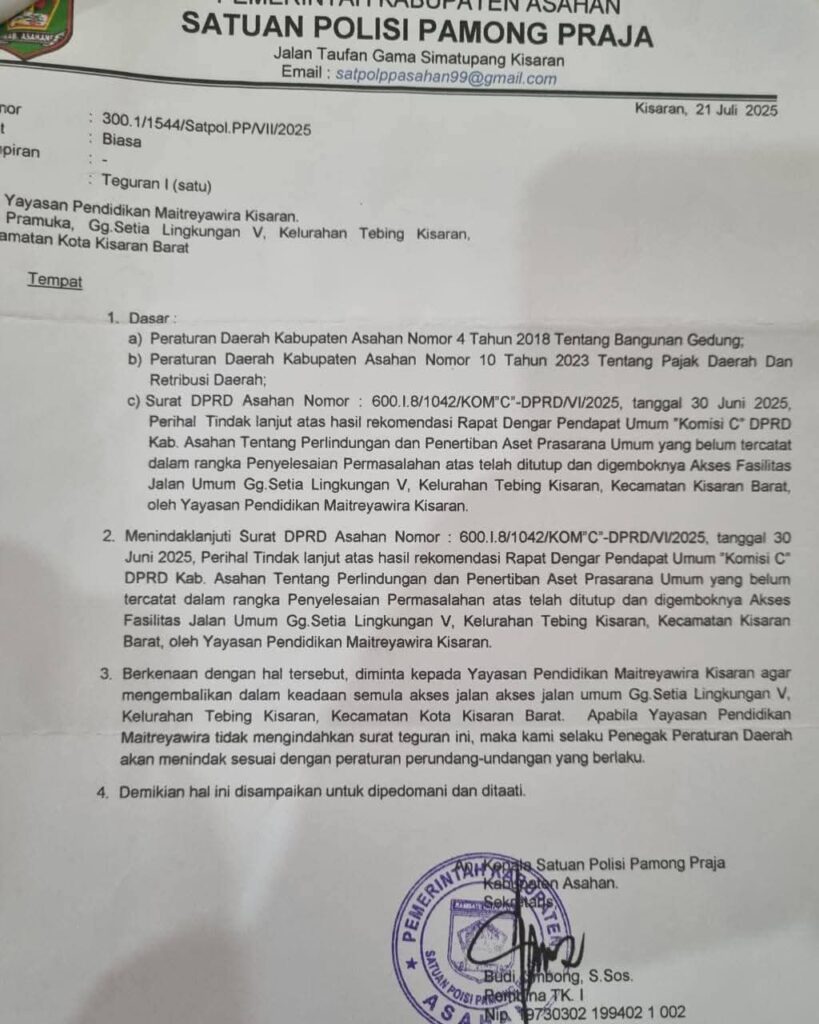Satpol PP Asahan Tegur Yayasan Pendidikan: Jalan Umum Gg. Setia Harus Dibuka Kembali
