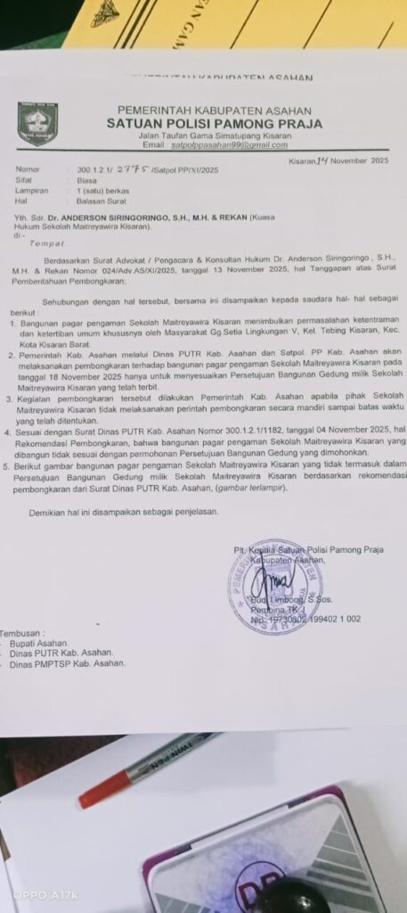 Pemerintah Asahan Akan Bongkar Bangunan Tembok Sekolah Maitreyawira Kisaran: Dinilai Ganggu Kelancaran Umum