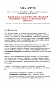 Surat Terbuka Prof. Connie Rahakundini Bakrie kepada Kepala OCHA PBB Terkait Permintaan Bantuan Internasional untuk Sumatra dan Aceh