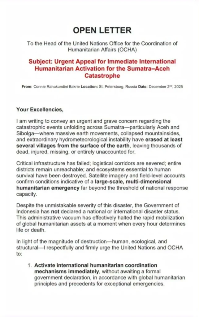 Surat Terbuka Prof. Connie Rahakundini Bakrie kepada Kepala OCHA PBB Terkait Permintaan Bantuan Internasional untuk Sumatra dan Aceh
