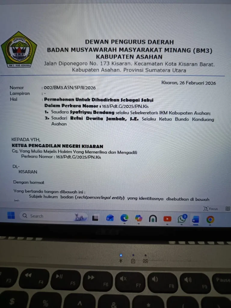 BM3 Asahan Ajukan Permohonan Hadirkan Tokoh Minang Sebagai Saksi di PN Kisaran