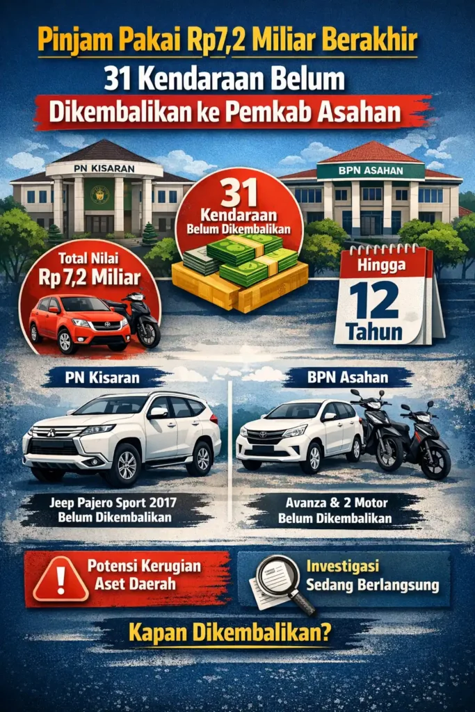 Pinjam Pakai Rp7,2 Miliar Berakhir, 31 Kendaraan Belum Dikembalikan ke Pemkab Asahan