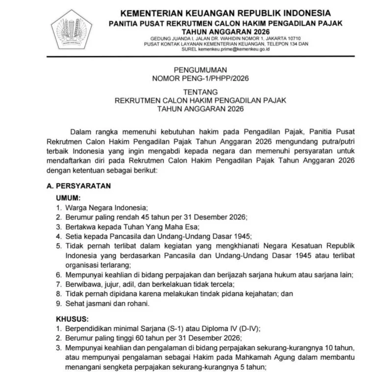 Rekrutmen Hakim Pengadilan Pajak 2026 Dibuka, Hakim MA Dapat Jalur Khusus